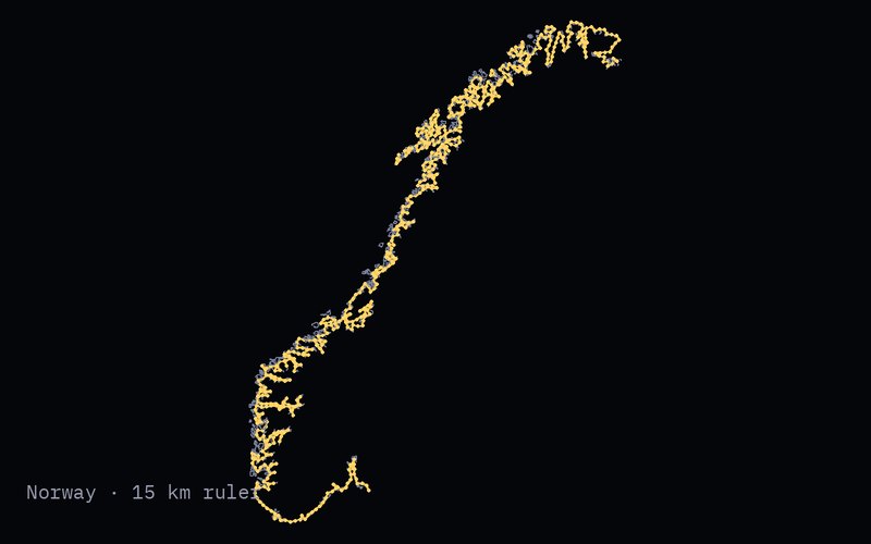 Norway's coast with a gold polygon of equal 15 km ruler steps traced along every fjord