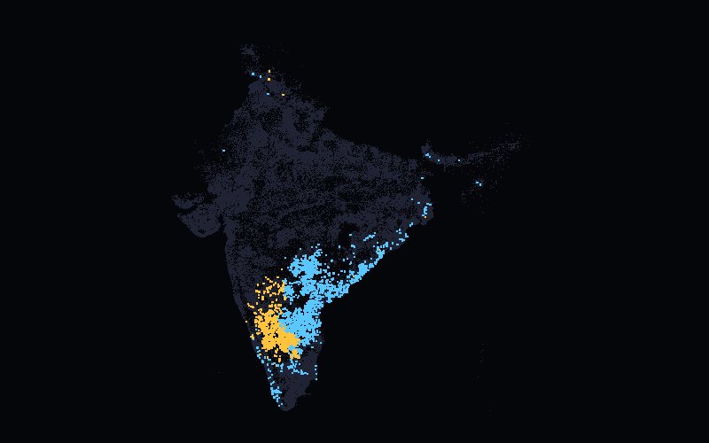 India drawn from post-office dots, with -halli names in amber across Karnataka and -palle names in blue across Andhra and Telangana