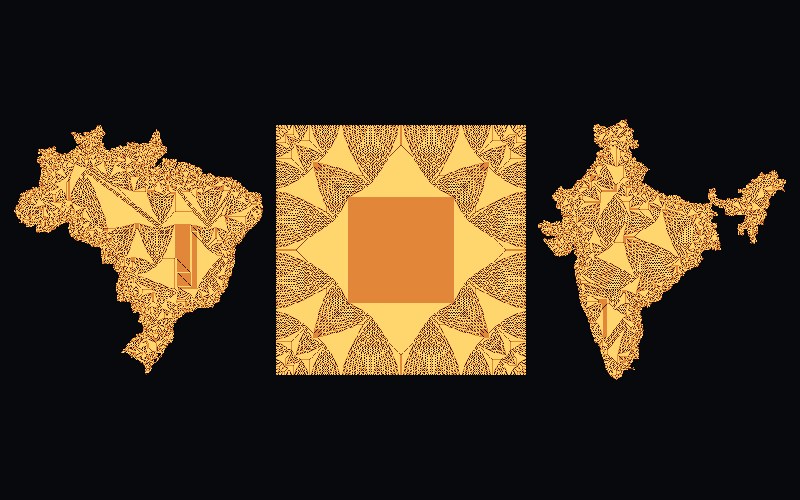 The sandpile identity pattern on the shapes of Brazil, a square and India, in gold, orange and dark brown