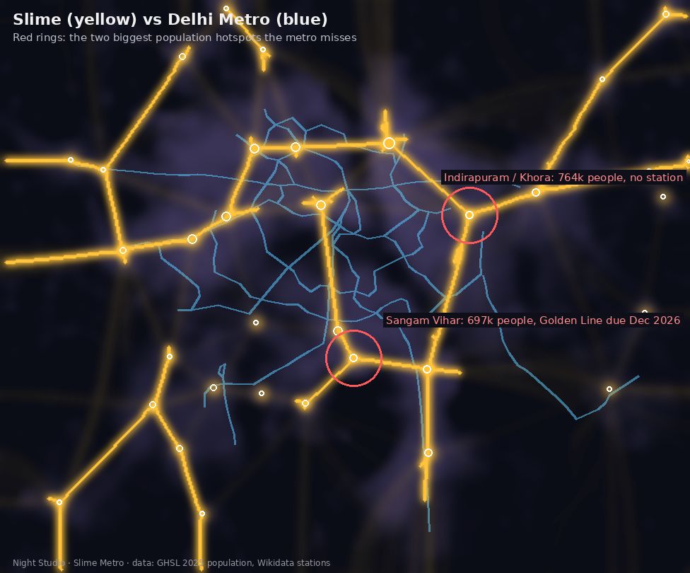 Slime network in yellow over the Delhi Metro in blue, with red circles on Indirapuram/Khora and Sangam Vihar